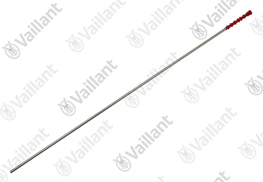 Edelstahlrohr mit rotem, rutschfestem Griff, hergestellt von Vaillant, zur Verwendung in Heizungs- oder Sanitärsystemen.